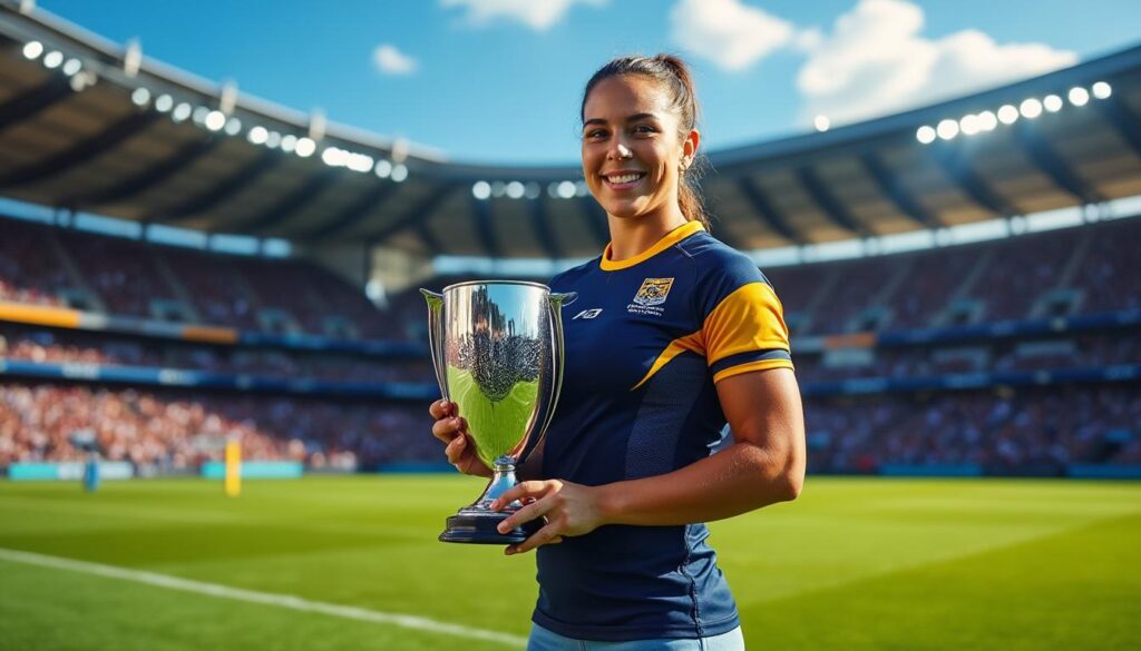 découvrez la joueuse exceptionnelle récompensée lors du circuit mondial annuel de rugby à vii, célébrant le talent et la passion de ce sport dynamique.